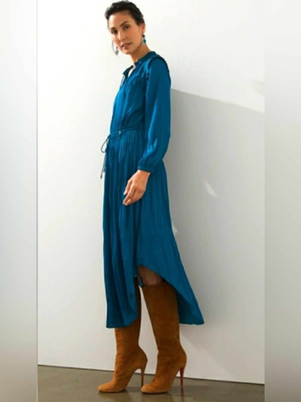 Chico's Teal High-Low Long Sleeve Dress with Tie Waist